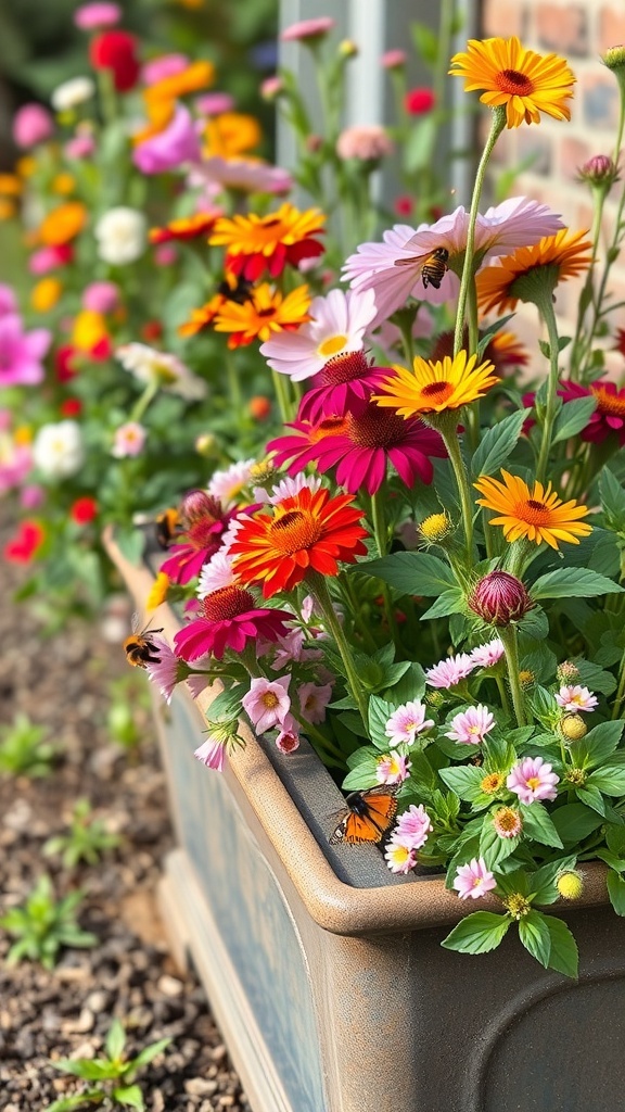 Colorful flowers in a planter attracting bees and butterflies