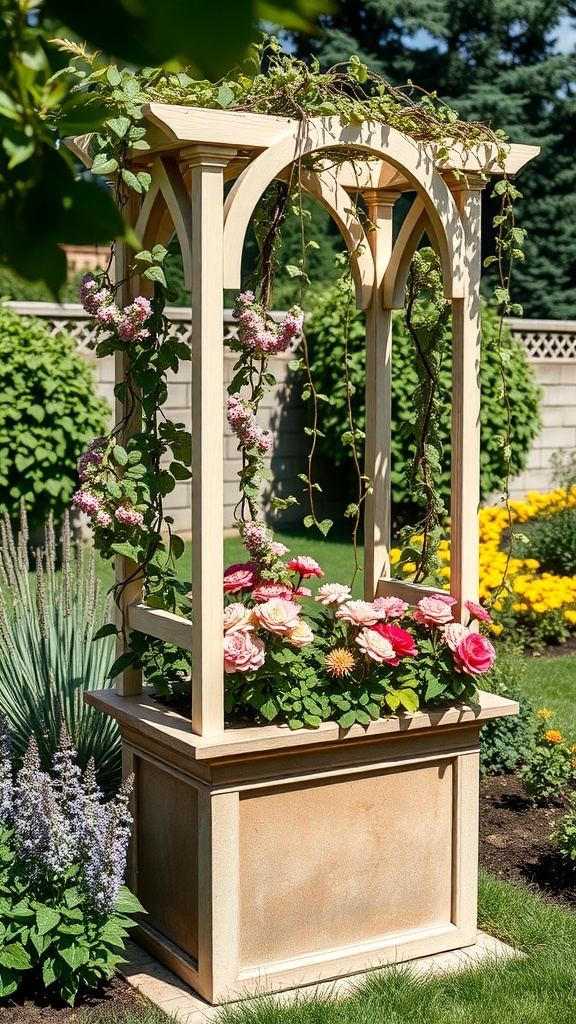 A garden planter with a built-in trellis, featuring colorful flowers and climbing vines.