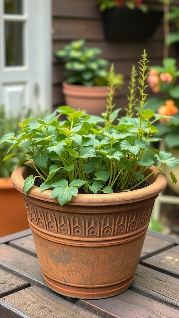 A terracotta planter with green plants, showcasing a garden setting.