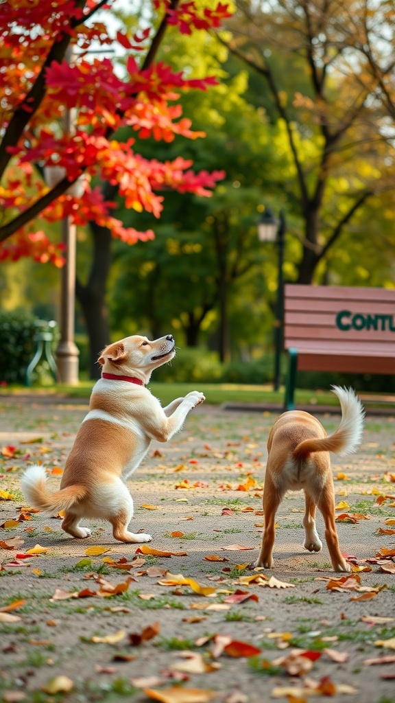 Two dogs in a park, one in a play bow position, surrounded by autumn leaves.