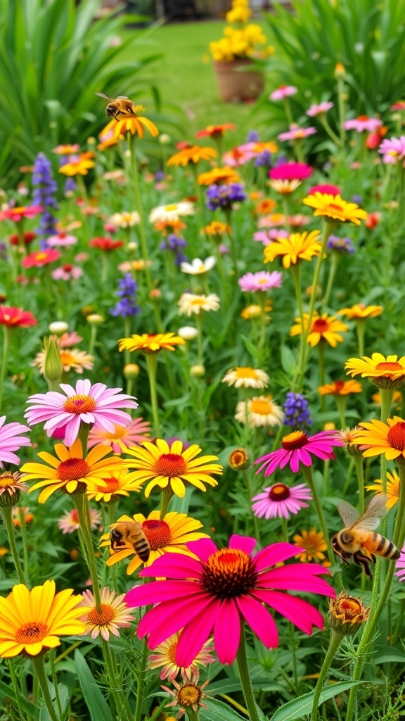 A colorful garden bed filled with various flowers and bees, showcasing a pollinator-friendly environment.