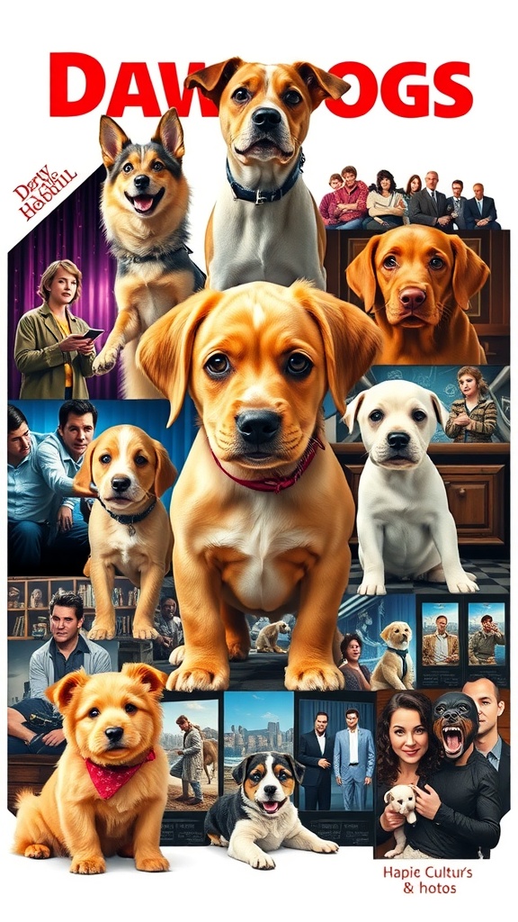 A collage of dogs and people, showcasing various pop culture references.