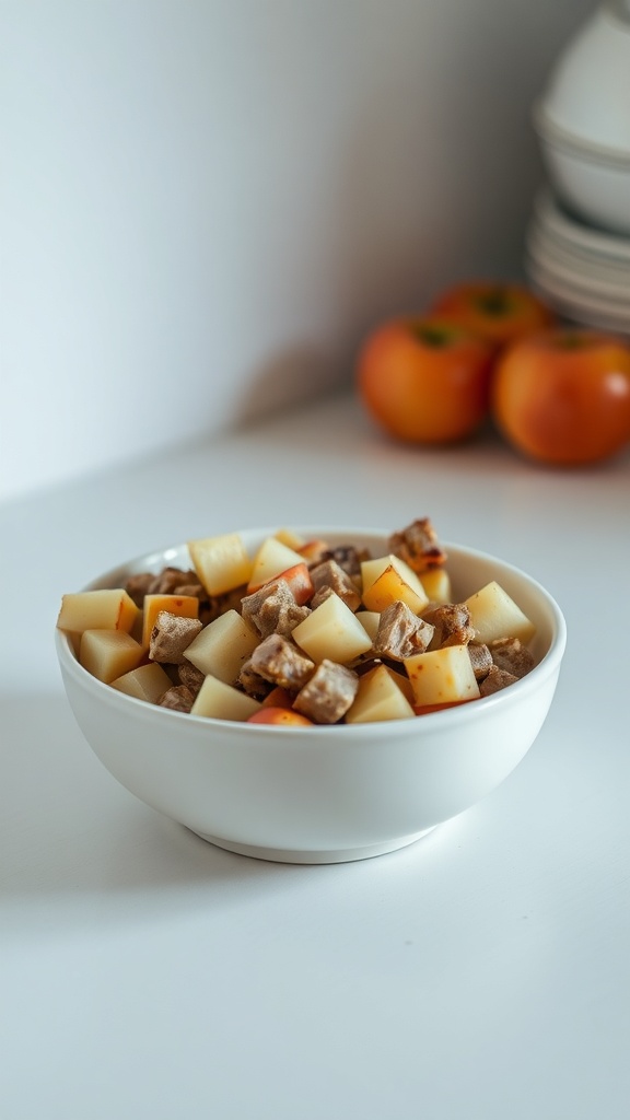 A bowl of diced pork and apples, ready for a homemade dog food recipe.