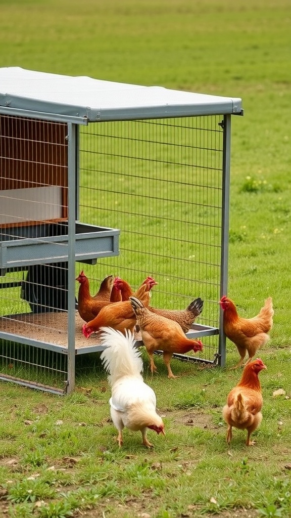 A portable chicken tractor with chickens roaming around it