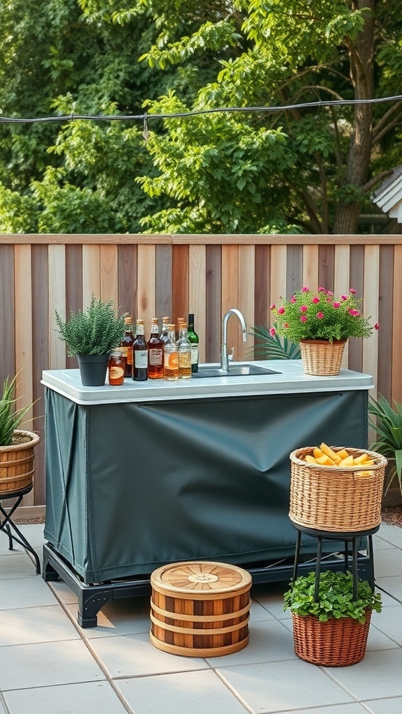 A portable outdoor bar setup with drinks, plants, and baskets on a patio.