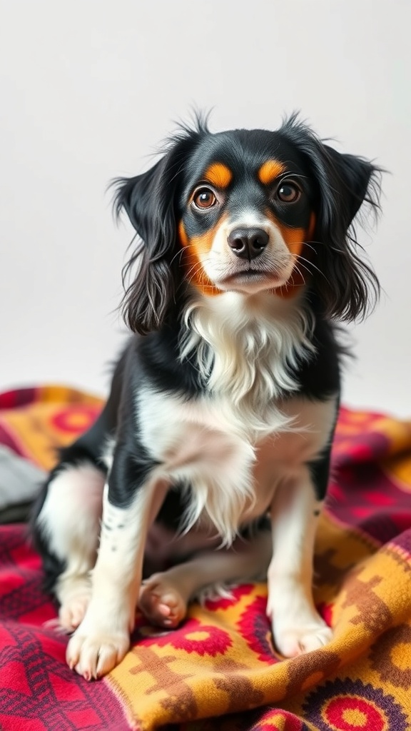 A dog sitting on a colorful blanket, looking directly at the camera with a calm expression.