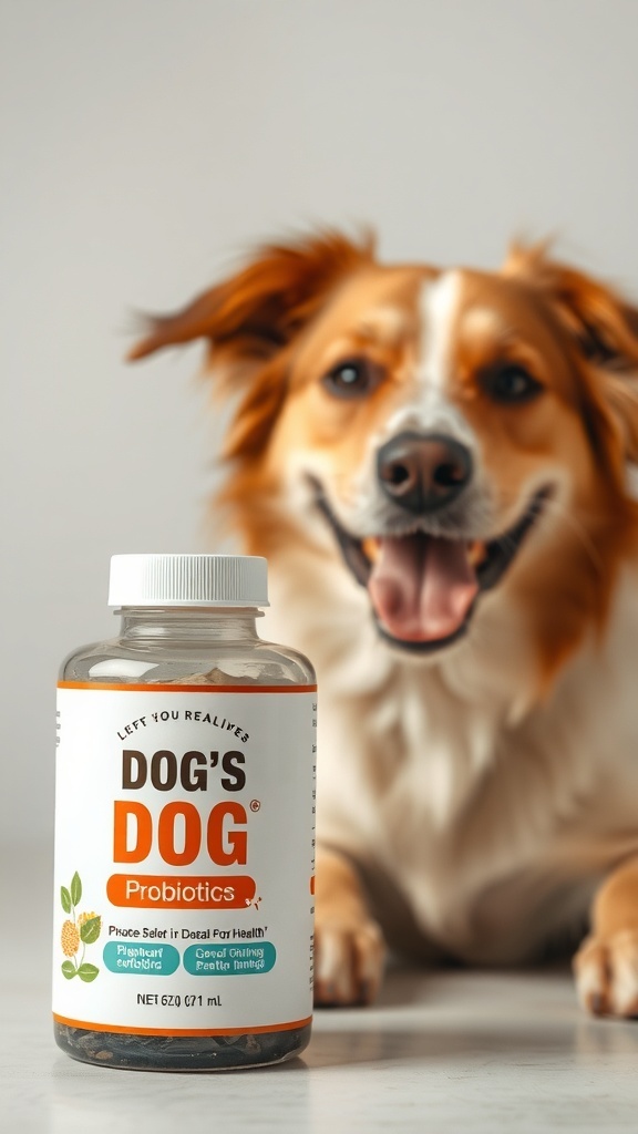 A happy dog with a bottle of probiotics for digestive health.