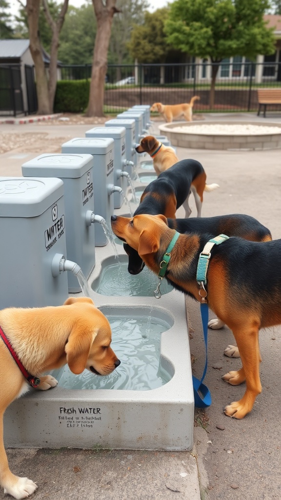 Dogs drinking from fresh water stations in an outdoor dog area