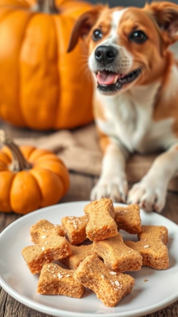 A happy dog sitting near a plate of pumpkin and coconut chews, with pumpkins in the background.