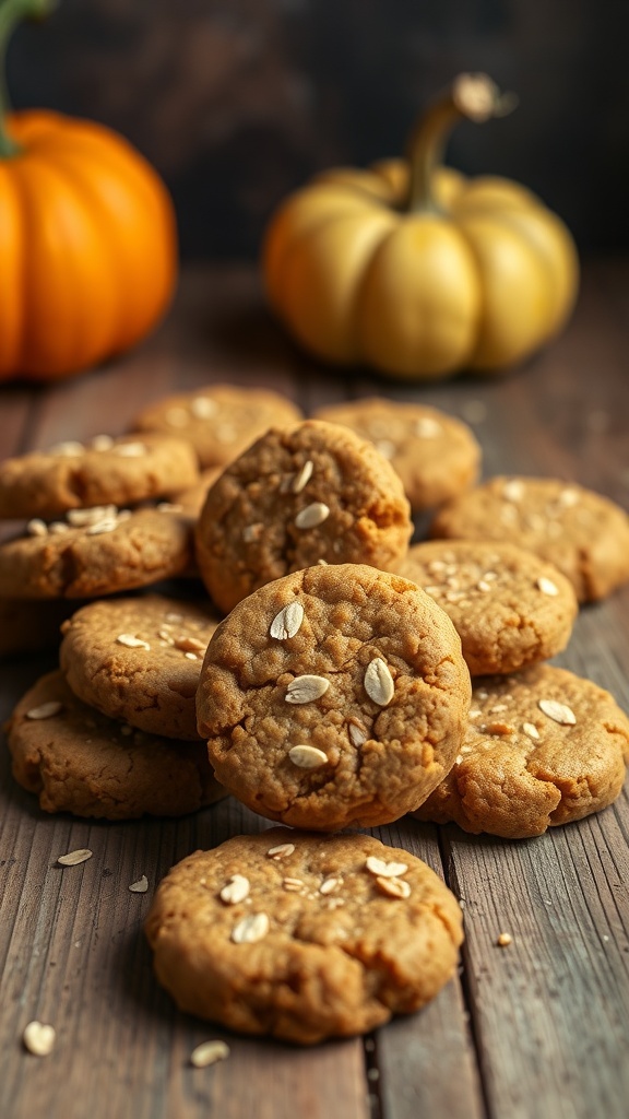 Homemade pumpkin and oatmeal dog treats stacked on a wooden surface with pumpkins in the background.