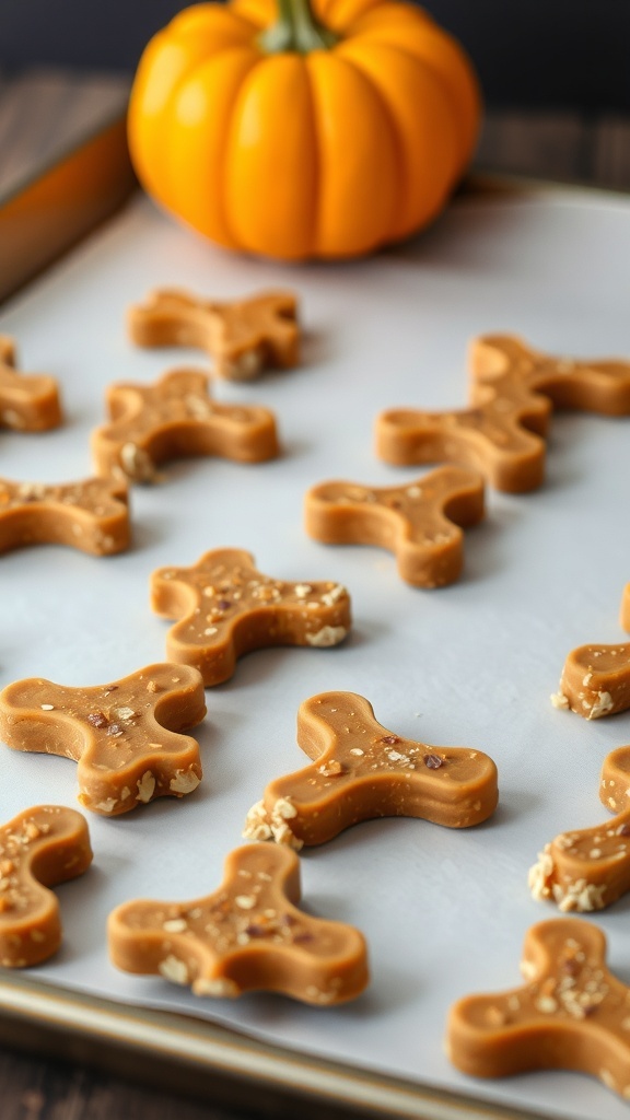 Homemade pumpkin and oatmeal dog treats shaped like bones on a baking sheet with a pumpkin in the background.