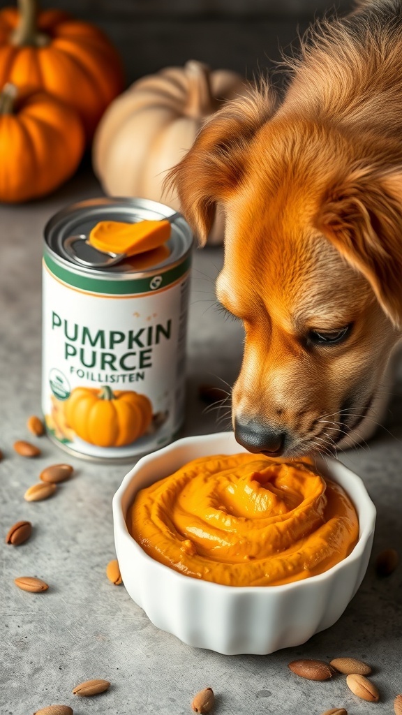 A dog sniffing a bowl of pumpkin puree with a can of pumpkin in the background.