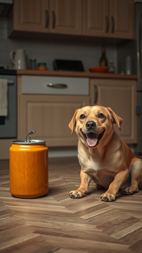 A happy dog sitting next to a canister of pumpkin puree in a kitchen setting.
