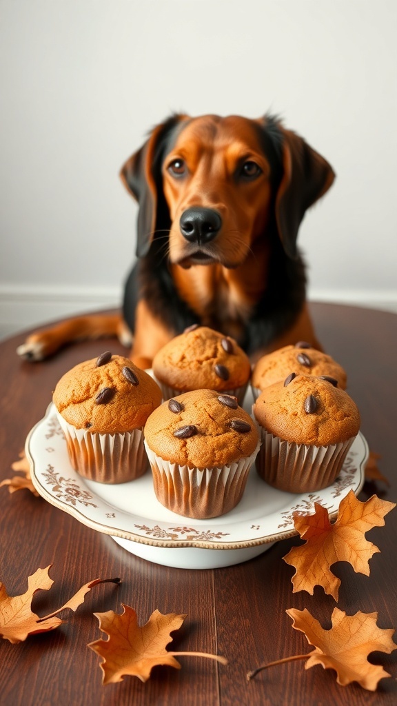 A plate of pumpkin spice dog muffins with a dog in the background.