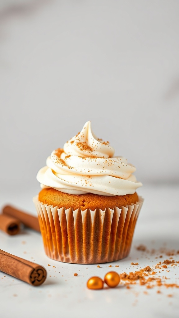 A delicious pumpkin spice pupcake with creamy frosting and a sprinkle of cinnamon, surrounded by cinnamon sticks and decorative beads.