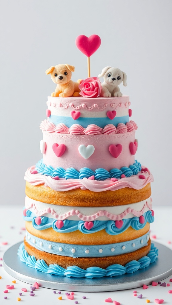 A beautifully decorated Puppy Love Layer Cake with fondant puppies and heart decorations.