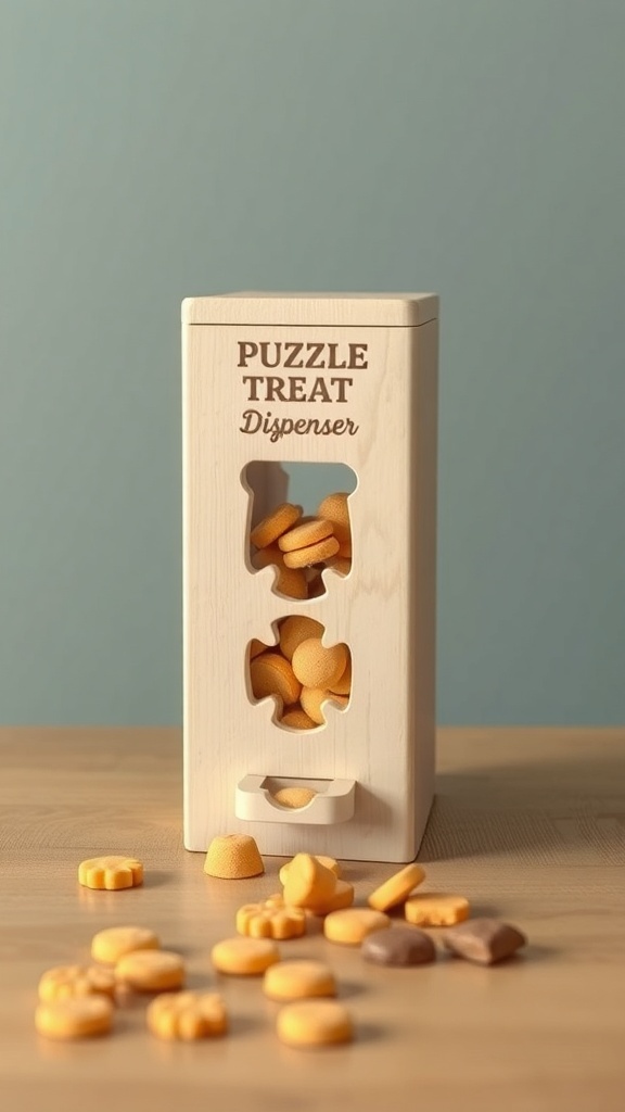 A wooden puzzle treat dispenser filled with dog treats, designed for interactive play.