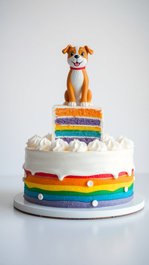 A colorful rainbow cake with a dog figurine on top