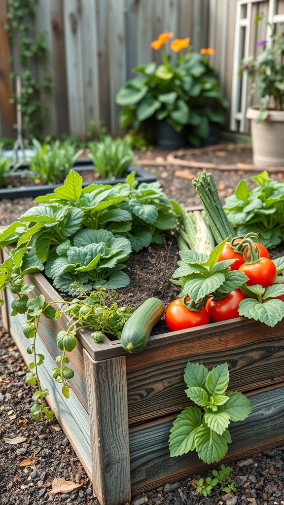 A raised bed planter filled with tomatoes, zucchini, and leafy greens, surrounded by colorful flowers.
