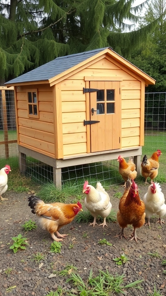 A raised wooden chicken coop with a run, surrounded by chickens.