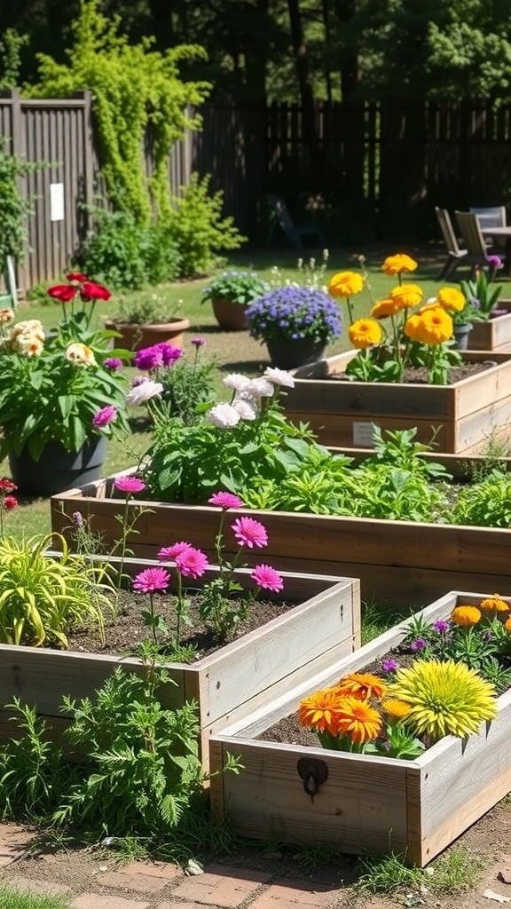 A sunny garden featuring raised wooden beds filled with colorful flowers.
