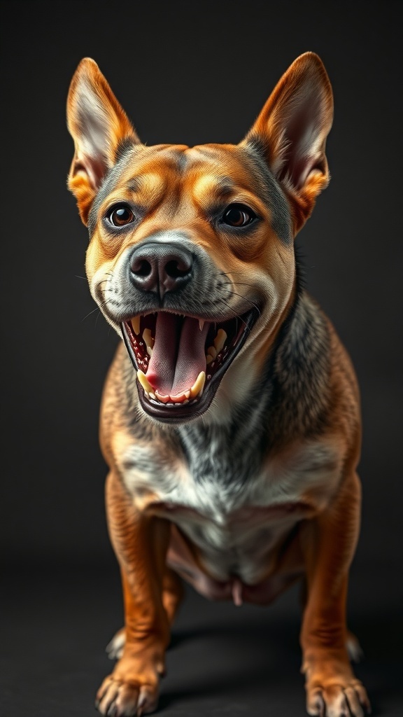 A happy dog with a wide-open mouth and bright expression, showcasing its teeth.