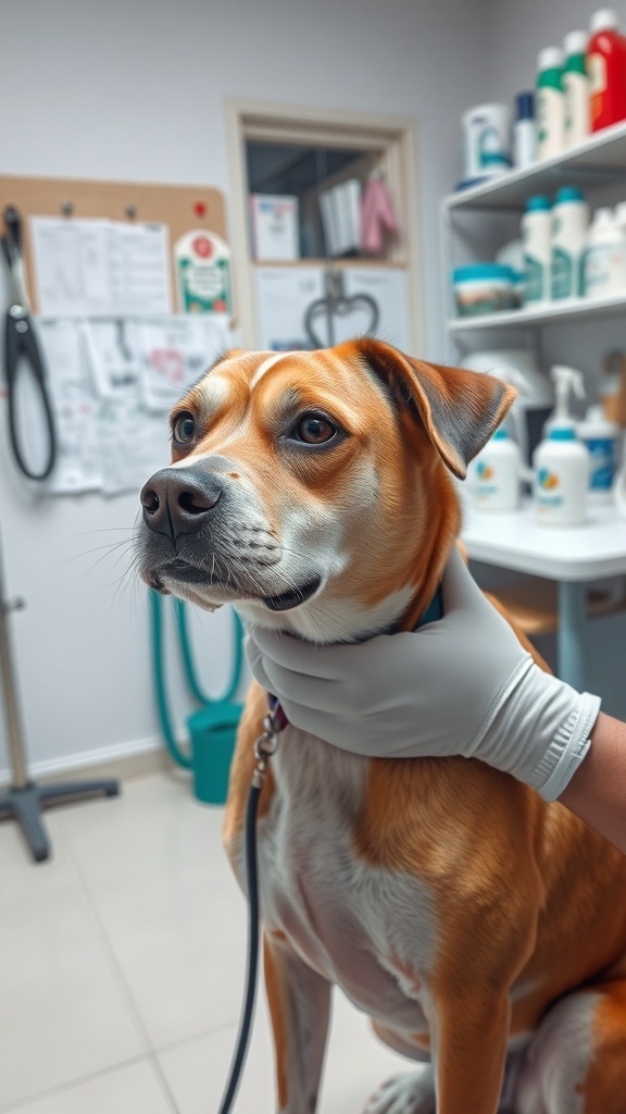 A dog at the vet being examined by a veterinarian, with a concerned look on its face.