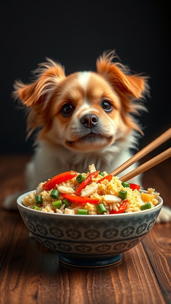 A fluffy dog looking at a bowl of rice and vegetable stir-fry.