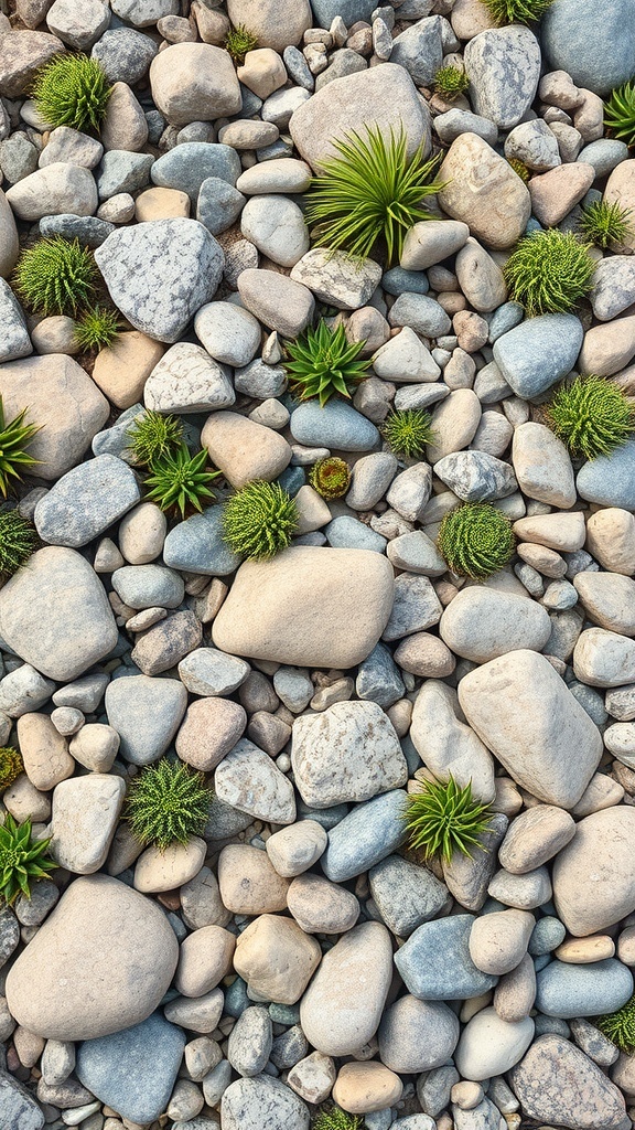 A variety of stones and green plants arranged in a rock garden bed.