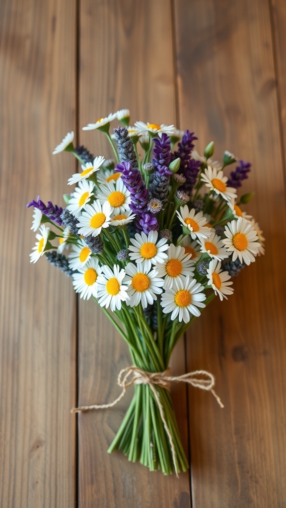 A rustic bouquet of daisies and lavender tied with twine on a wooden surface.