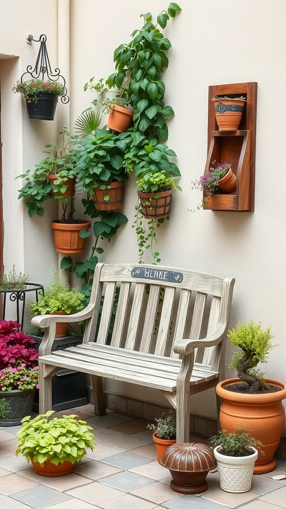 A rustic wooden bench surrounded by potted plants and flowers in a cozy patio setting.