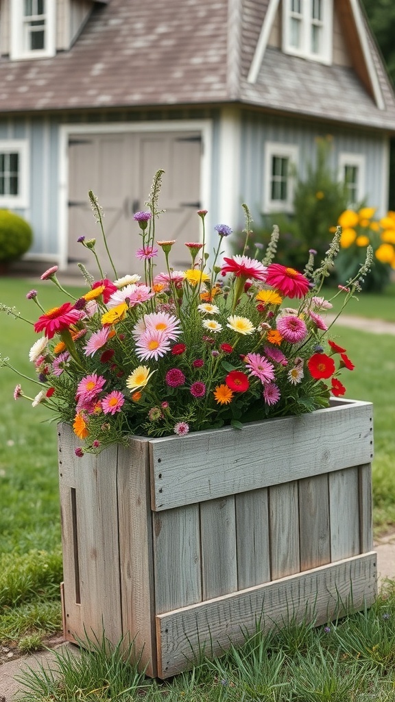 A rustic wooden planter filled with colorful flowers in front of a charming house.