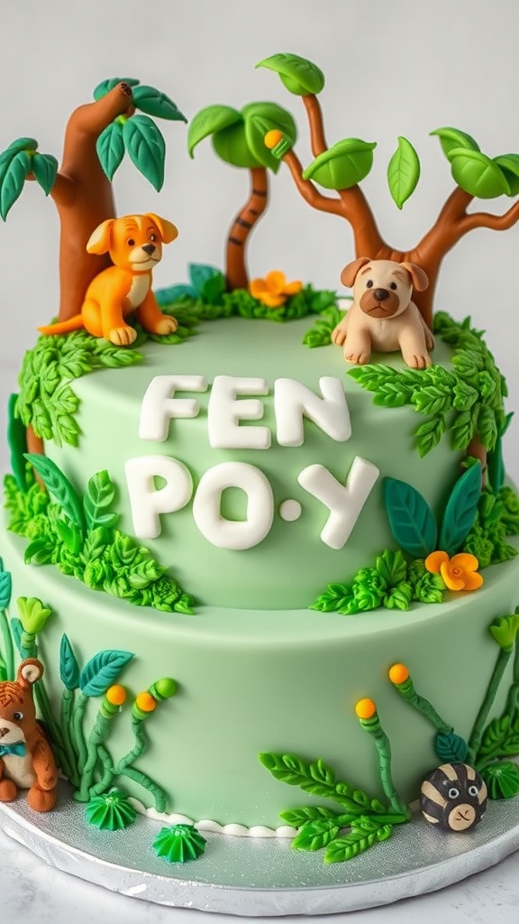 A colorful two-tiered cake decorated with fondant animals and greenery, featuring a playful safari theme.