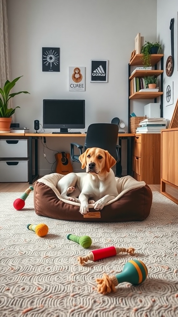A dog resting in a cozy bed in a home office, surrounded by colorful toys and a desk with a computer.