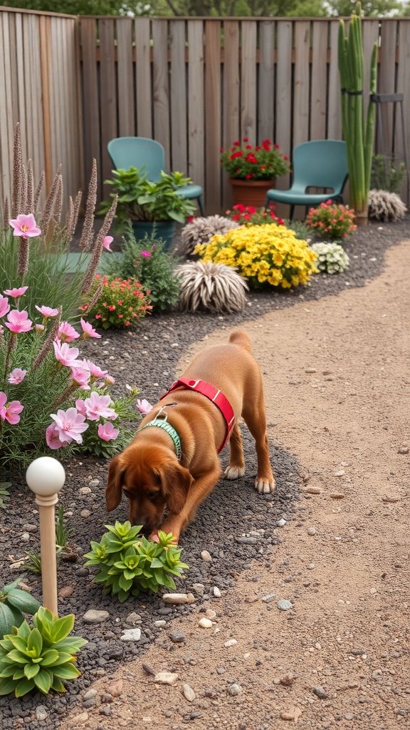 A dog sniffing a plant in a colorful garden with various flowers and seating.
