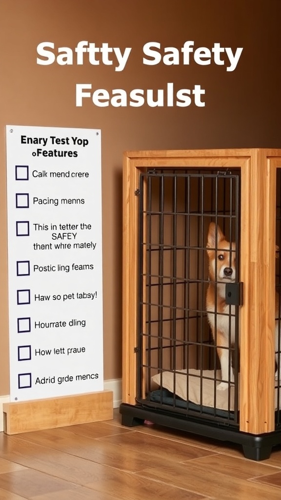 A dog crate with a checklist emphasizing safety features