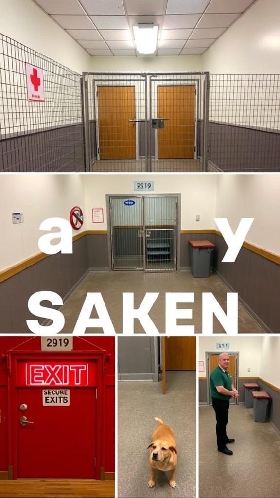 A dog boarding facility with secure kennels, exit signs, and staff monitoring the area.
