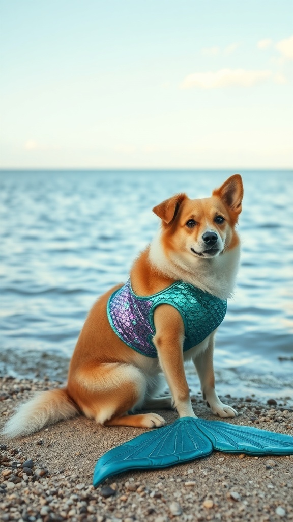 A dog wearing a colorful mermaid tail costume by the beach.