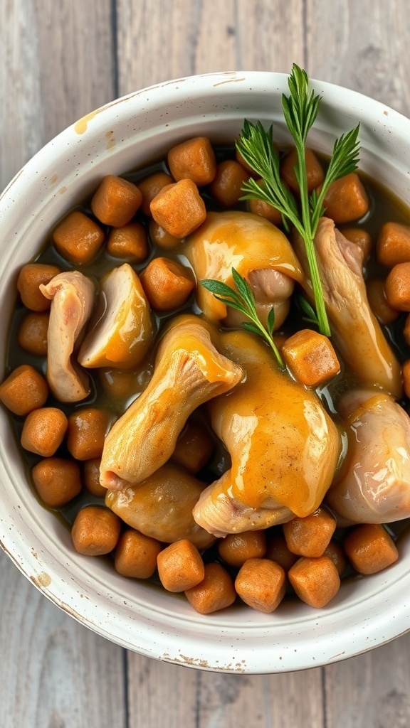 A bowl of savory chicken broth with tender chicken pieces and small morsels, garnished with parsley.
