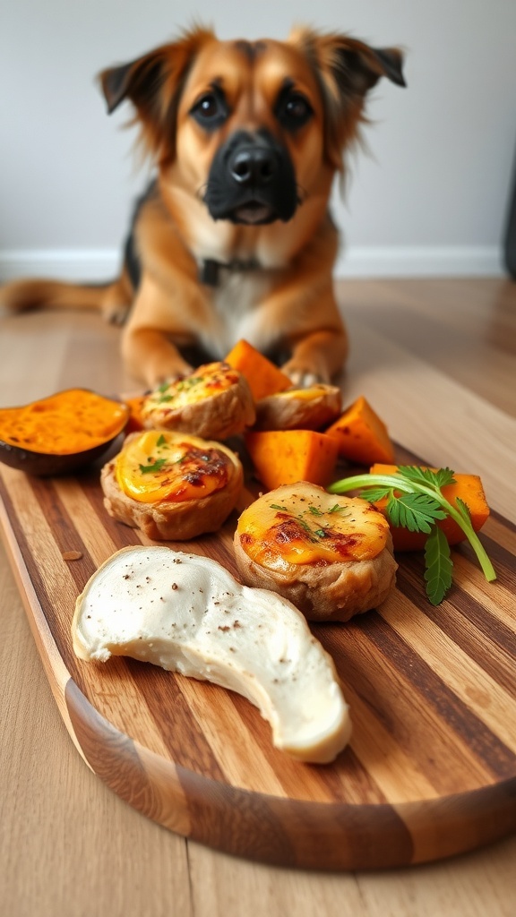 Homemade sweet potato and chicken dog treats on a wooden board