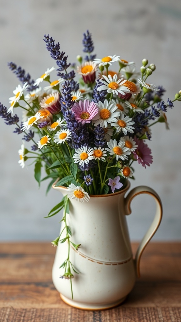 A bouquet of wildflowers including daisies and lavender in a cream-colored pitcher on a wooden table.