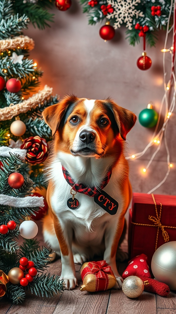 A dog sitting by a Christmas tree with ornaments and gifts.