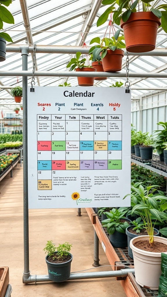 A greenhouse with various potted plants and a care calendar hanging on the wall.