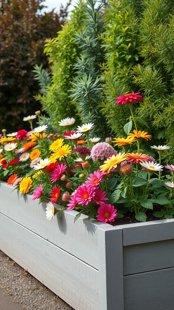 A raised flower bed filled with colorful flowers including yellow, pink, and white blooms.