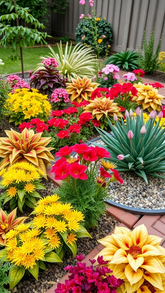 A colorful backyard cottage garden with a variety of flowers including red, yellow, and pink blooms.