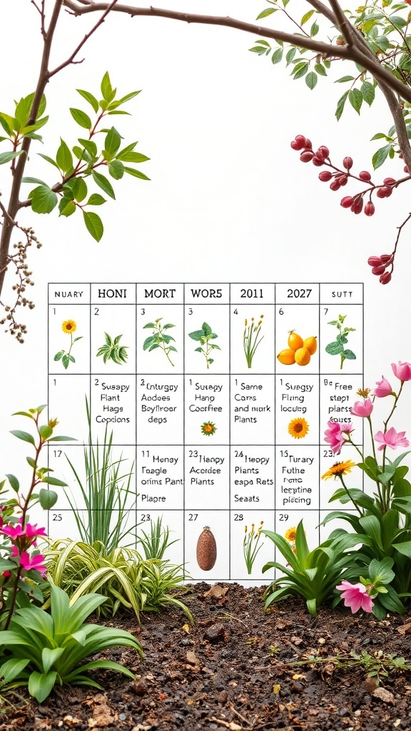 A companion planting chart showing various plants and their seasonal pairings.