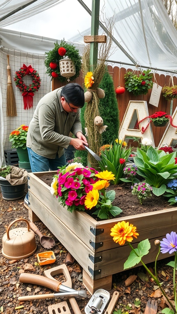 A person tending to a colorful raised flower bed filled with various flowers and gardening tools nearby.