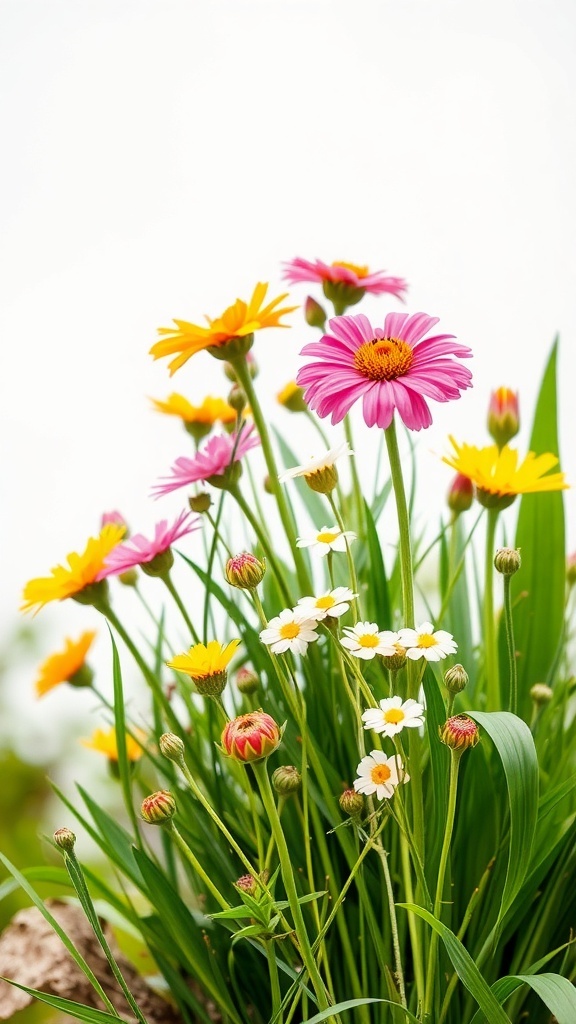 A vibrant bouquet of seasonal wildflowers featuring pink, yellow, and white blooms.