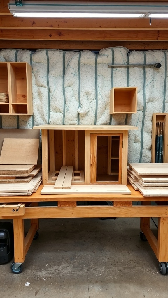 A workspace with wooden materials for building a dog house