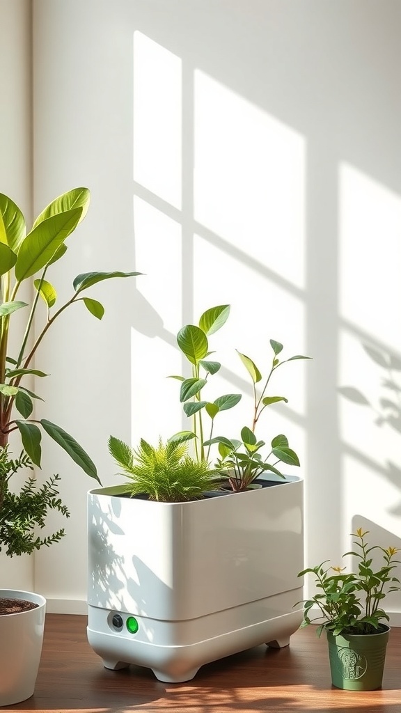 A modern self-watering planter with various green plants, illuminated by sunlight, casting shadows on the wall.